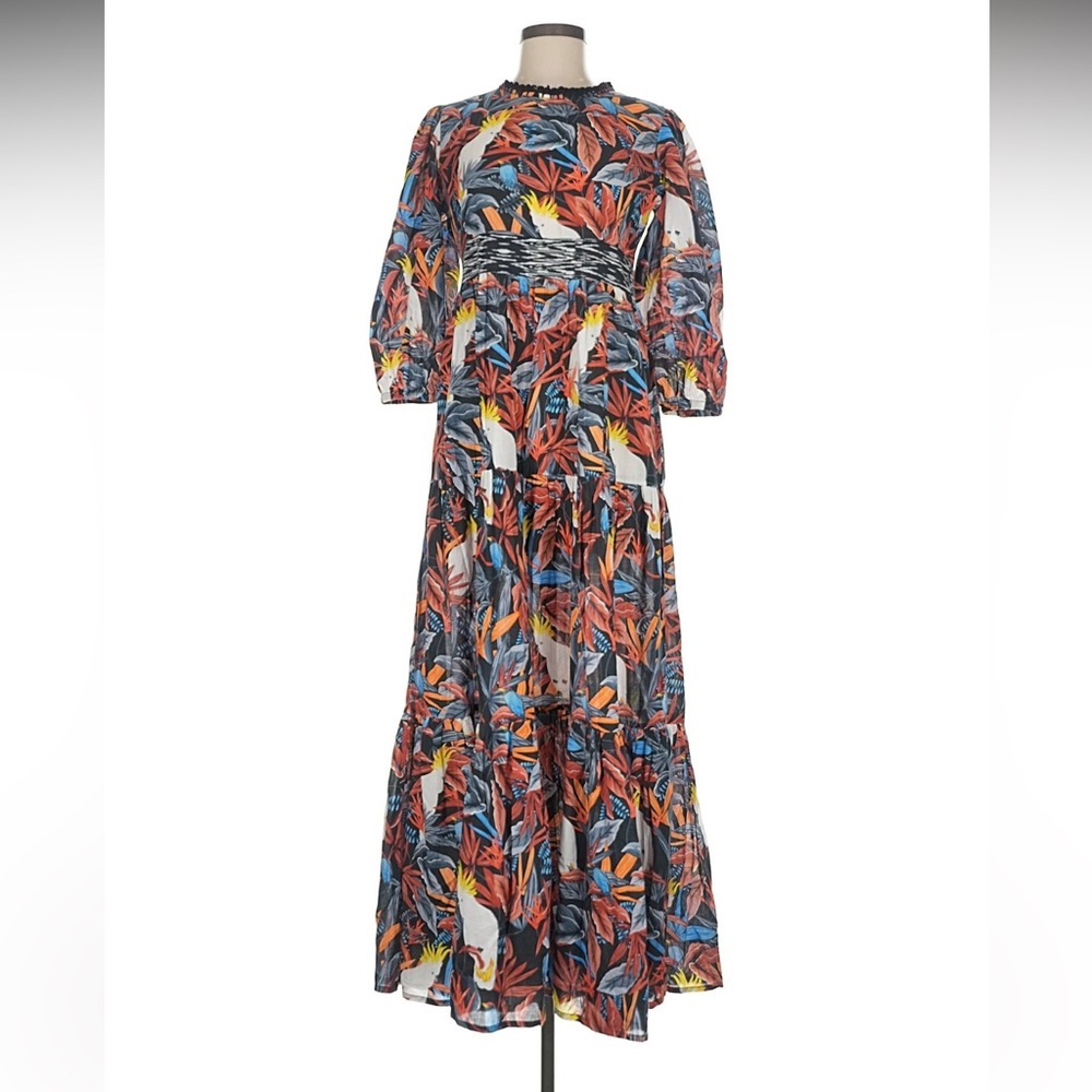 NEW Connor & Blake Lea Printed Cotton Maxi Dress Medium Cockatoo Bird boho - Picture 2 of 15